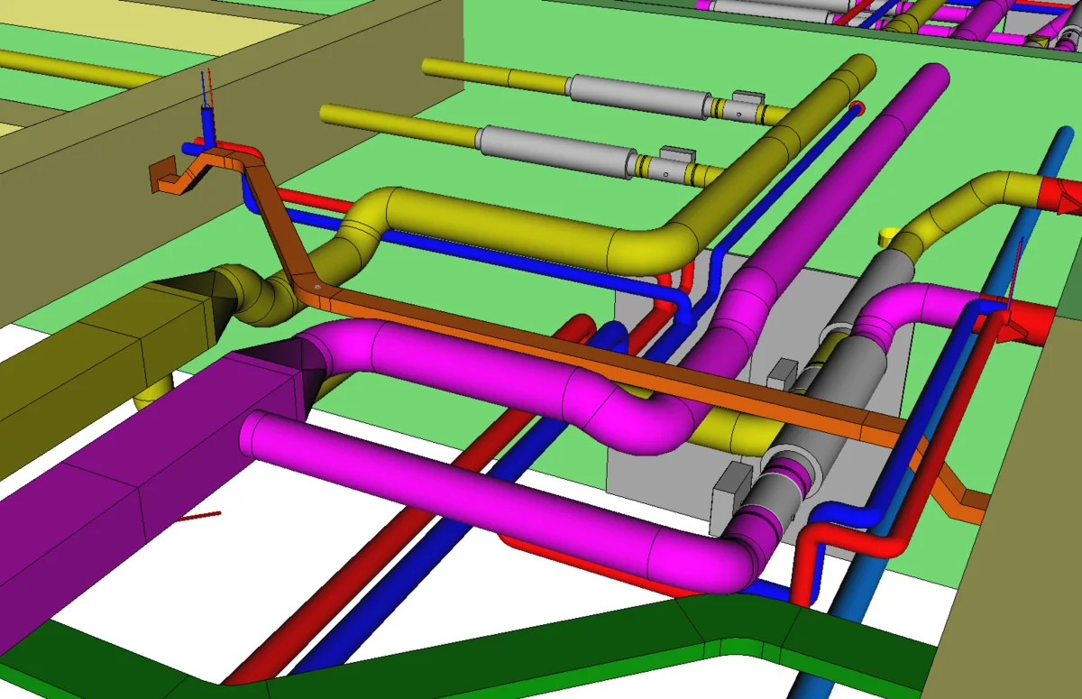 3D-Kollisionsprüfung mit Heizung, Kälte, Sanitär, Lüftung und Elektrotrassen im selben Deckenbereich