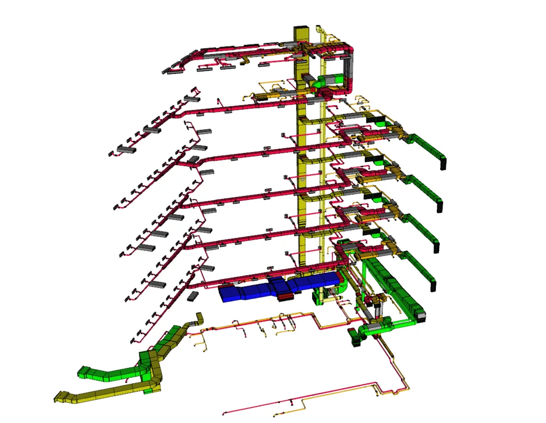 Freigestelltes 3D-Modell einer Lüftungsanlage über mehrere Geschosse mit Zu- und Abluftkanälen, Steigschächten und Lüftungsgerät