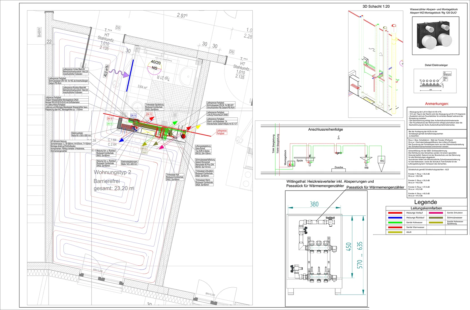 Musterplan HKLS — Grundriss Wohnungstyp mit Fußbodenheizung, Trinkwasser, Schmutzwasser und Lüftung, Strangschema und Legende